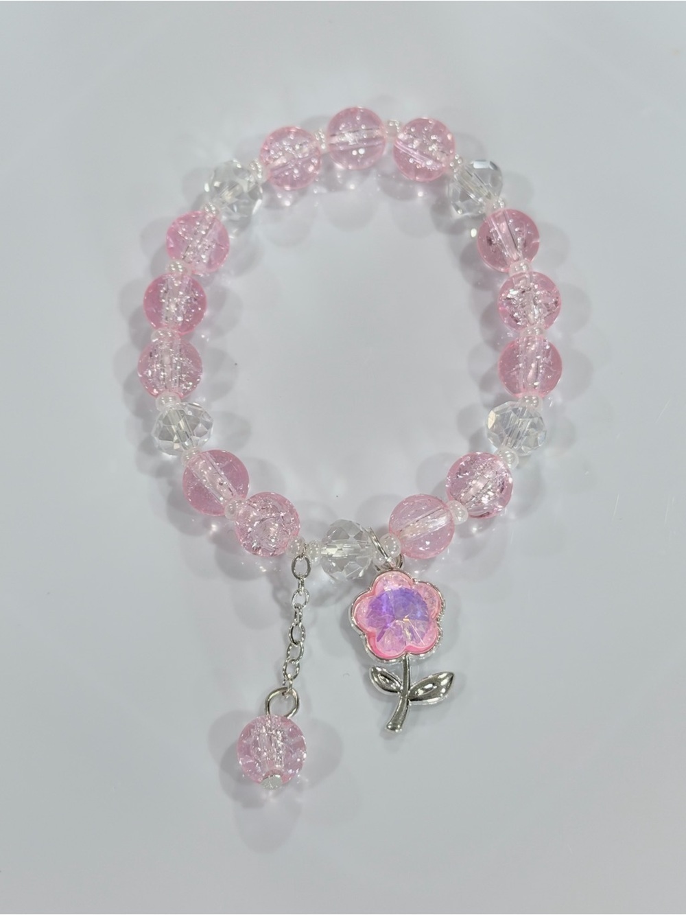 Pink Crystal Bead Bracelet with Flower Charm